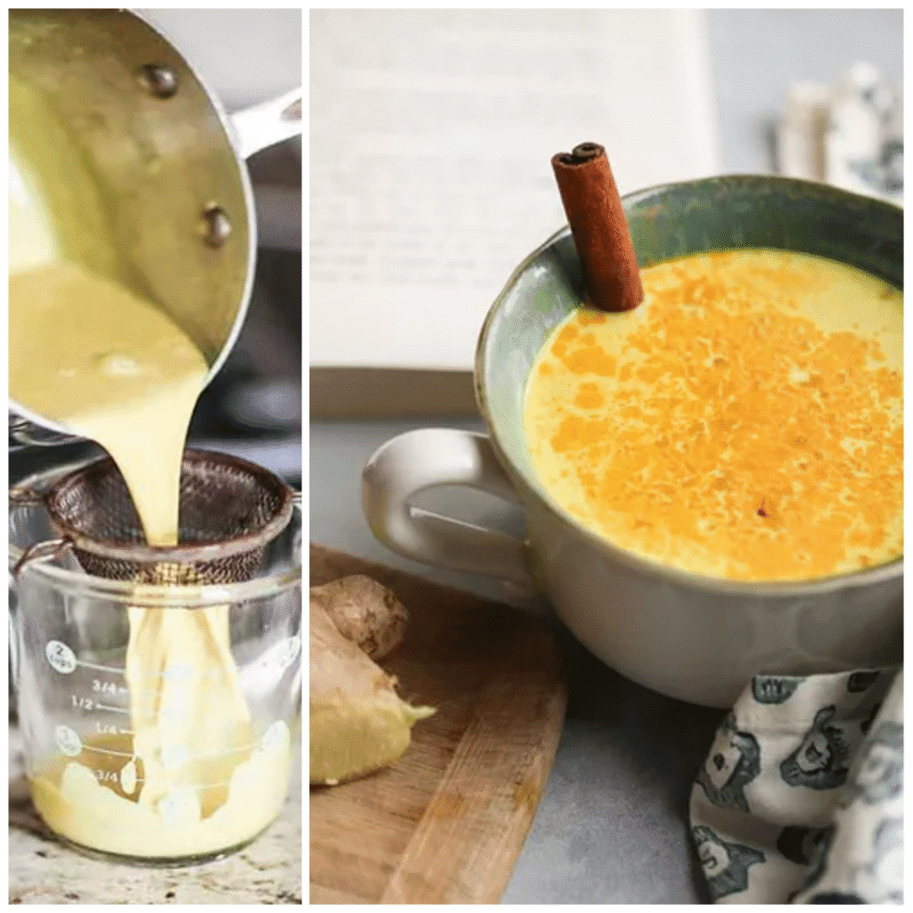 Coconut golden milk poured through a fine mesh strainer into a mug