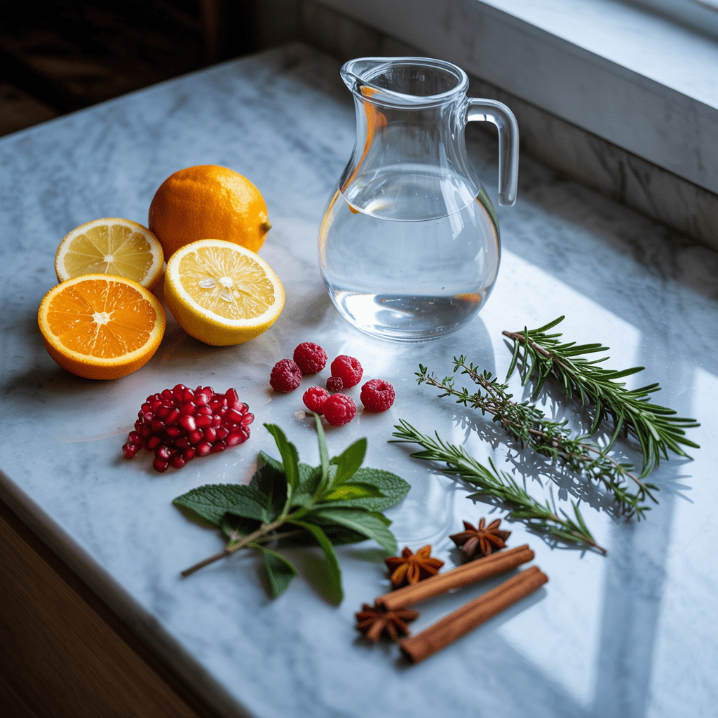 Flat lay of citrus, berries, herbs, spices and water used for festive holiday ice cubes.