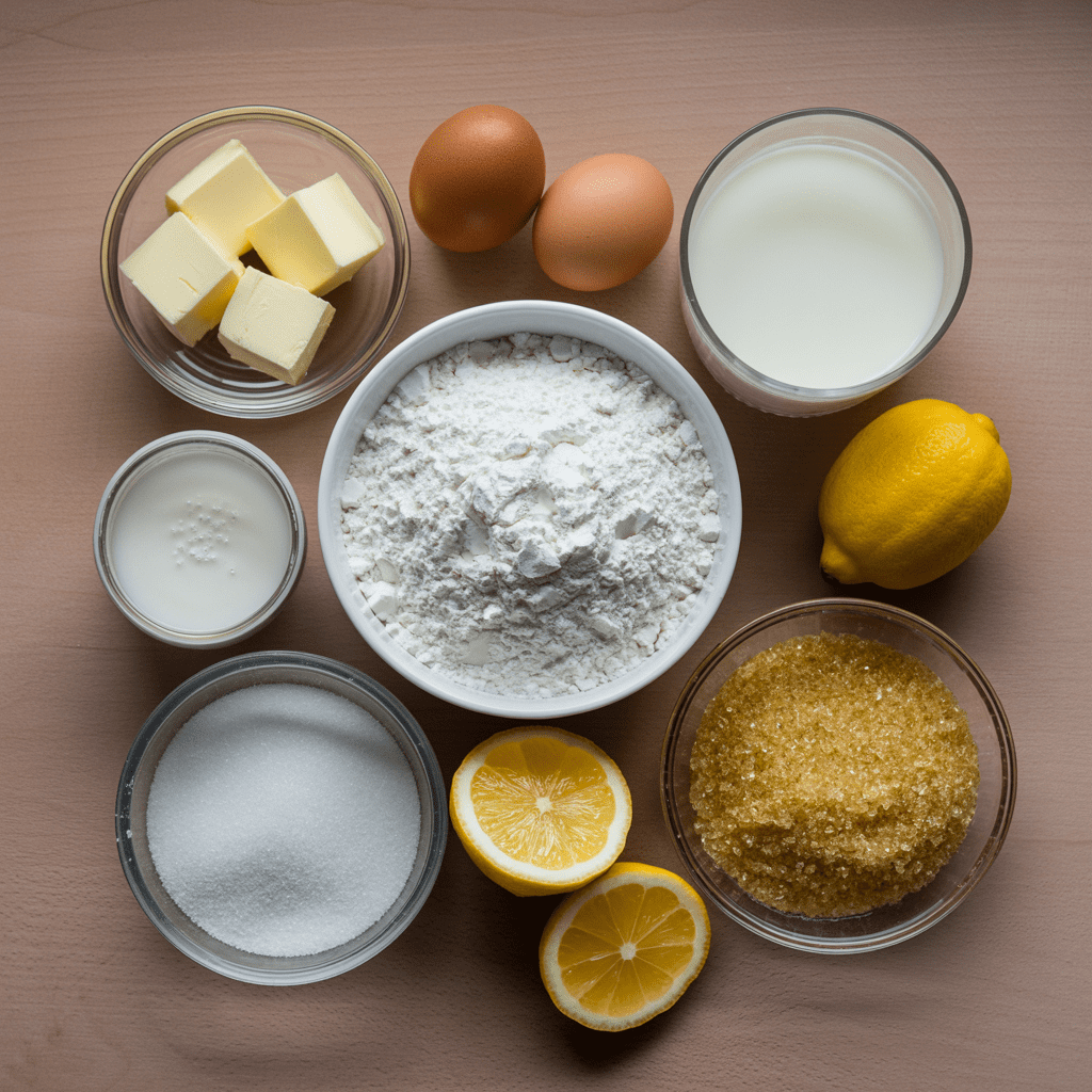 Ingredients for lemon scones including flour cold butter buttermilk eggs lemons and sugar arranged on a counter