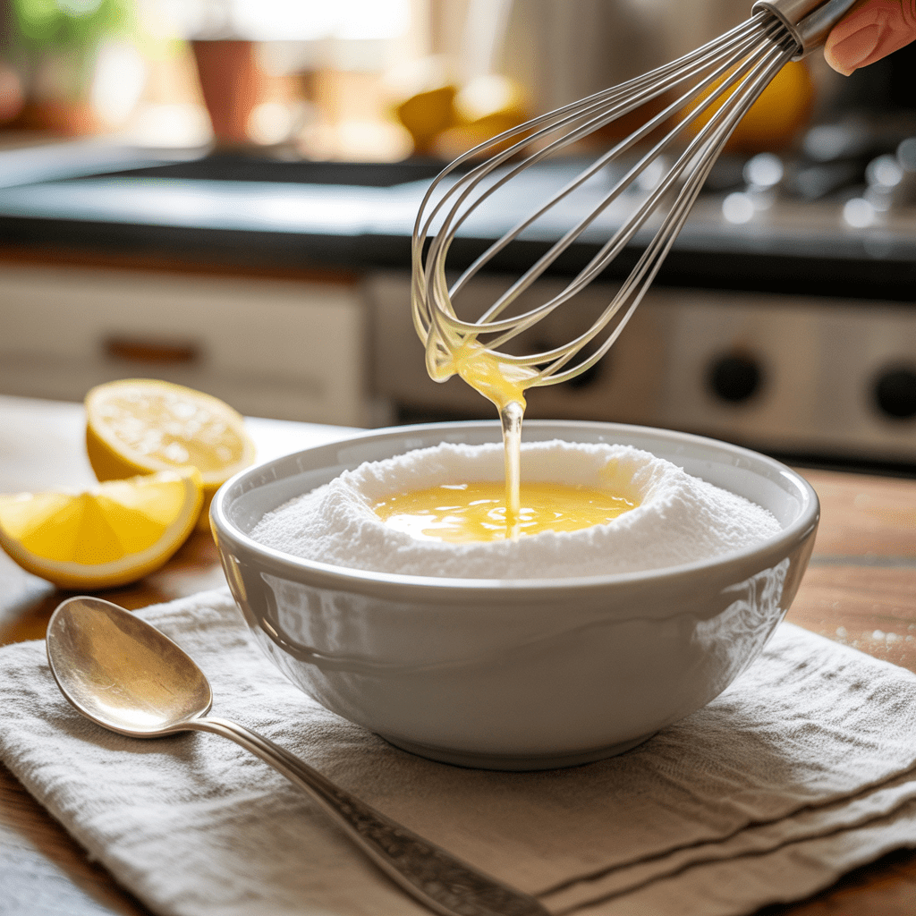 Powdered sugar and lemon juice whisked together in a small bowl to make lemon glaze for scones
