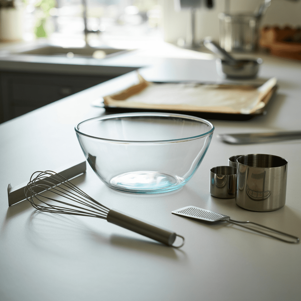 Home baking tools for lemon scones including mixing bowl whisk pastry cutter microplane and parchment lined tray