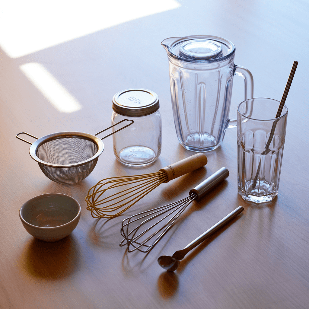 Fine mesh sieve, whisks, jar, blender cup, and glass for making iced matcha latte