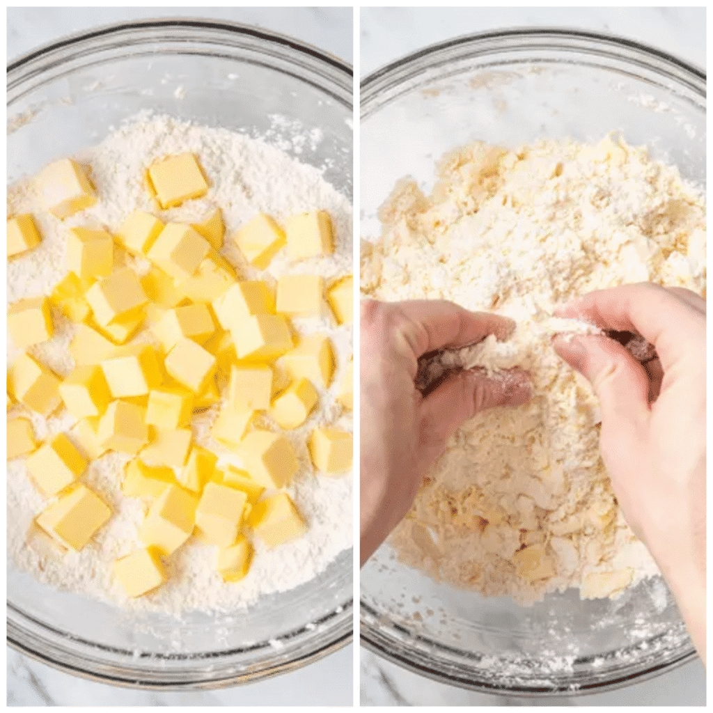 Side-by-side images showing cold cubed butter on top of flour in a glass bowl and hands rubbing the butter into the flour mixture for bright lemon scones.