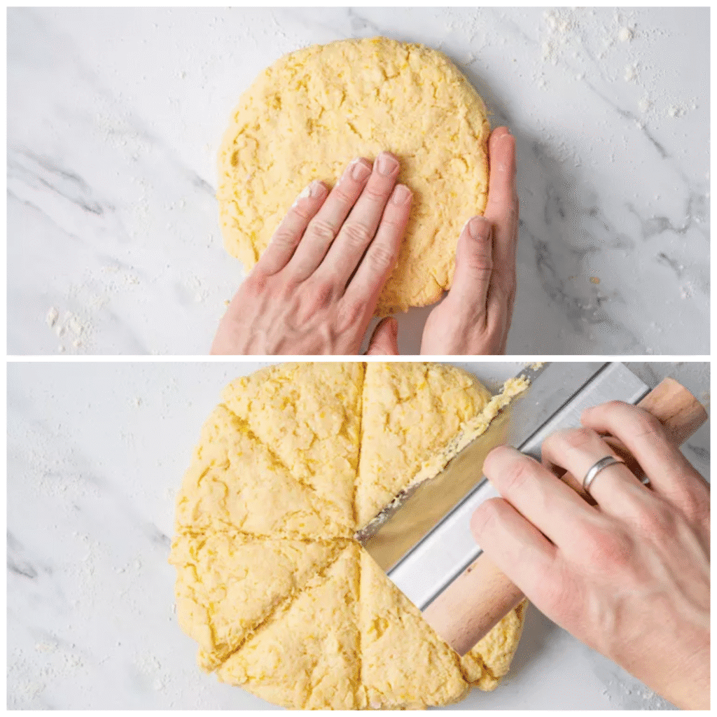 Two images showing lemon scone dough patted into a thick round on a floured surface and then sliced into wedges with a bench scraper.
