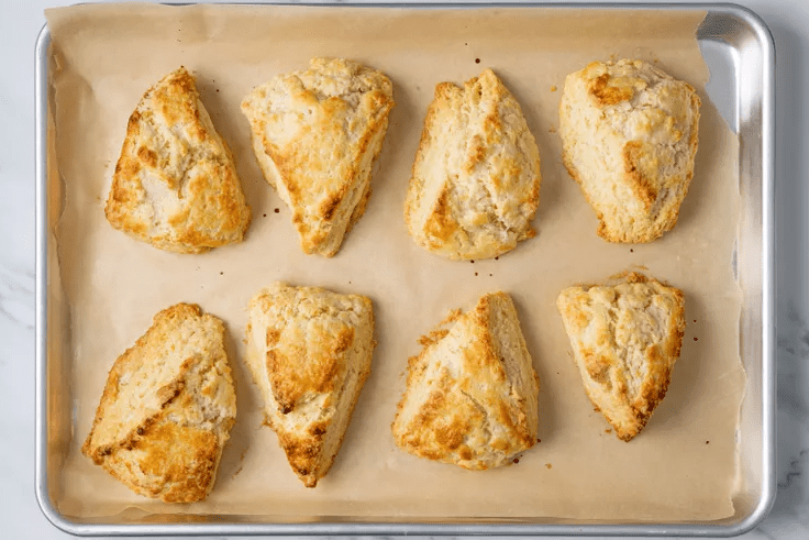 Overhead view of freshly baked lemon scones on a parchment-lined baking sheet, puffed and golden brown around the edges.