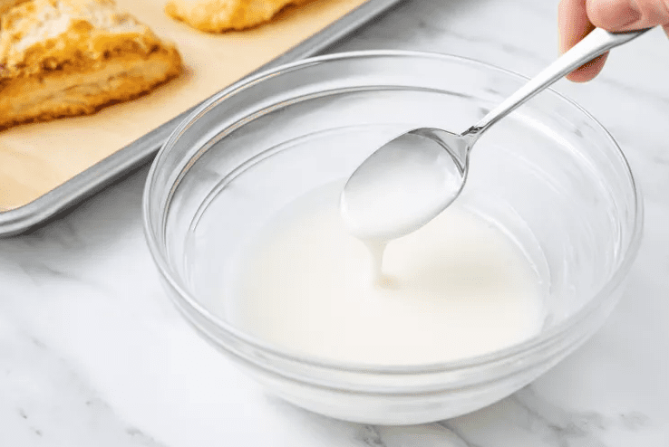 Spoon lifting a thick, white lemon glaze from a glass bowl with freshly baked lemon scones on a tray in the background.