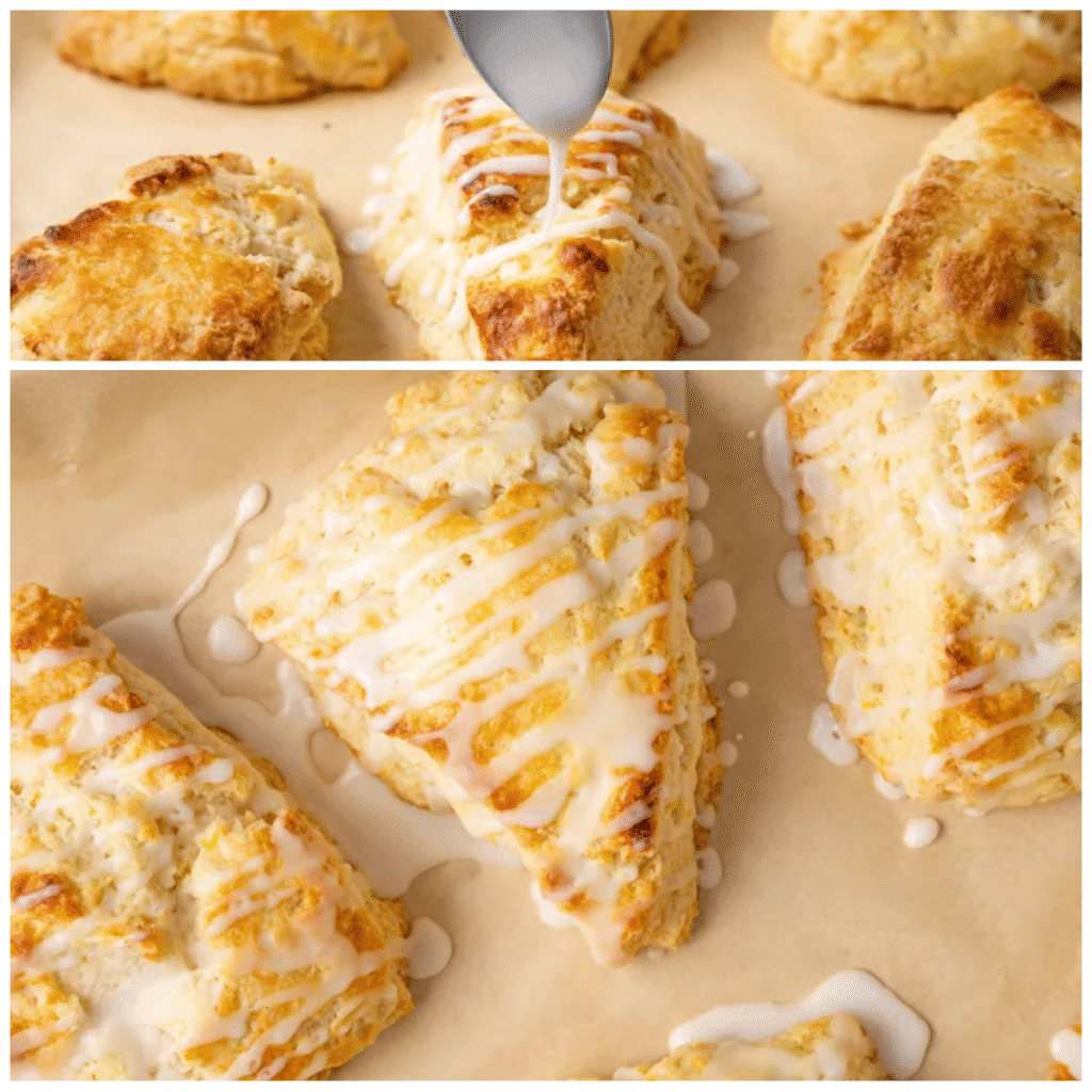 Two images showing warm lemon scones on parchment as a spoon drizzles lemon glaze over the tops, then a close-up of the scones covered in glossy zigzags of glaze.