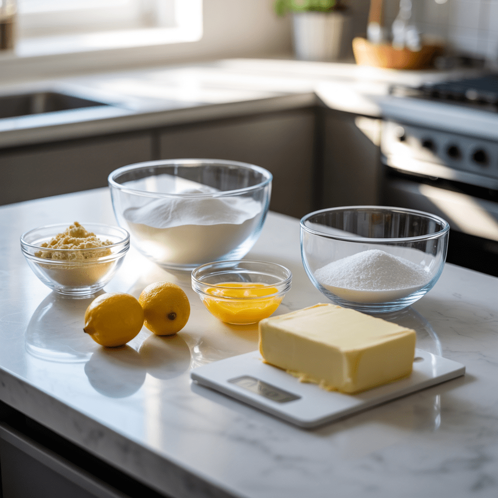 Measured ingredients for lemon macarons including almond flour, sugars, egg whites, lemons, butter, and a kitchen scale.