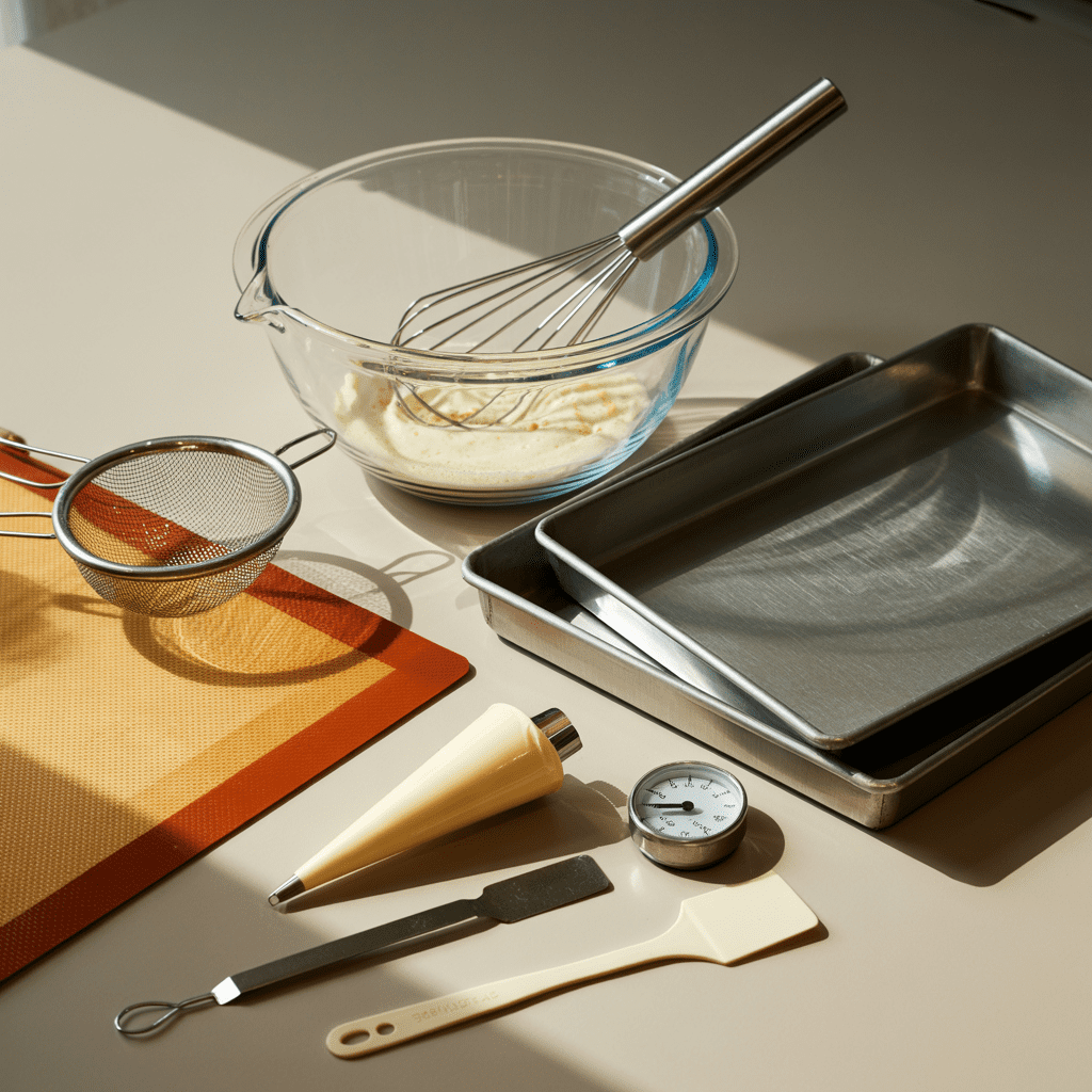 Tools for making lemon macarons including mixer bowl, sieve, baking sheets, silicone mat, piping bag, and oven thermometer.