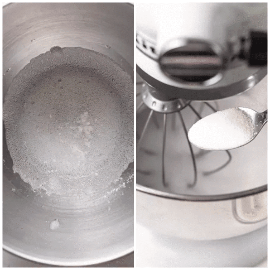 Glossy stiff peak meringue on a whisk above a mixing bowl for French lemon macaron shells.