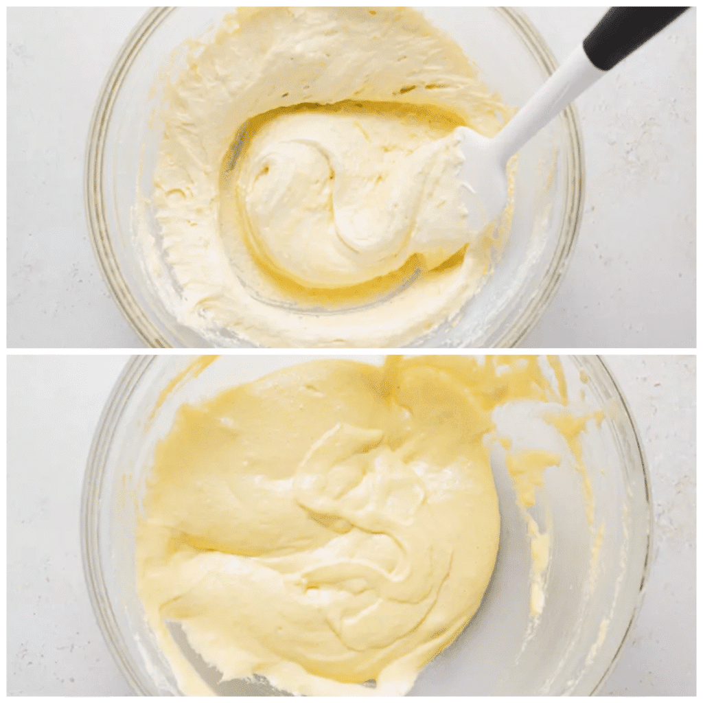 Lemon macaron batter being folded with a spatula and passing the figure eight test.