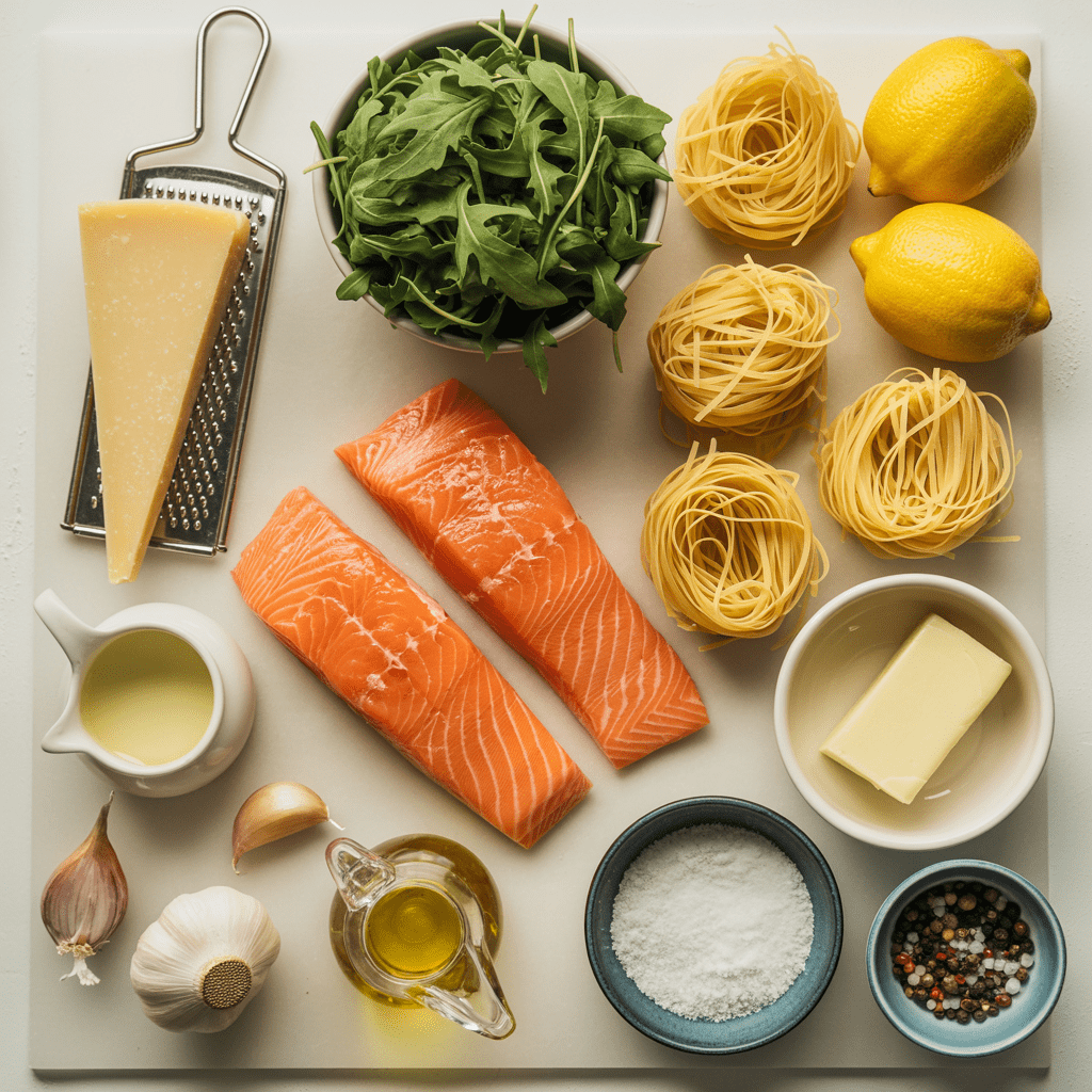 Raw ingredients for angel hair pasta with salmon, including salmon fillets, angel hair pasta, arugula, lemons, Parmesan, cream, garlic, and shallot.