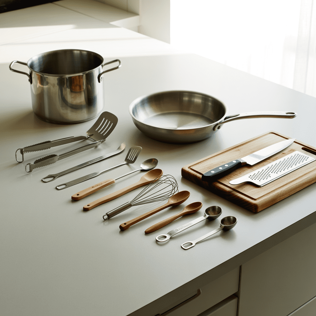 Cooking tools for salmon pasta laid out on a counter, including a large pot, skillet, tongs, fish spatula, whisk, and fine grater.