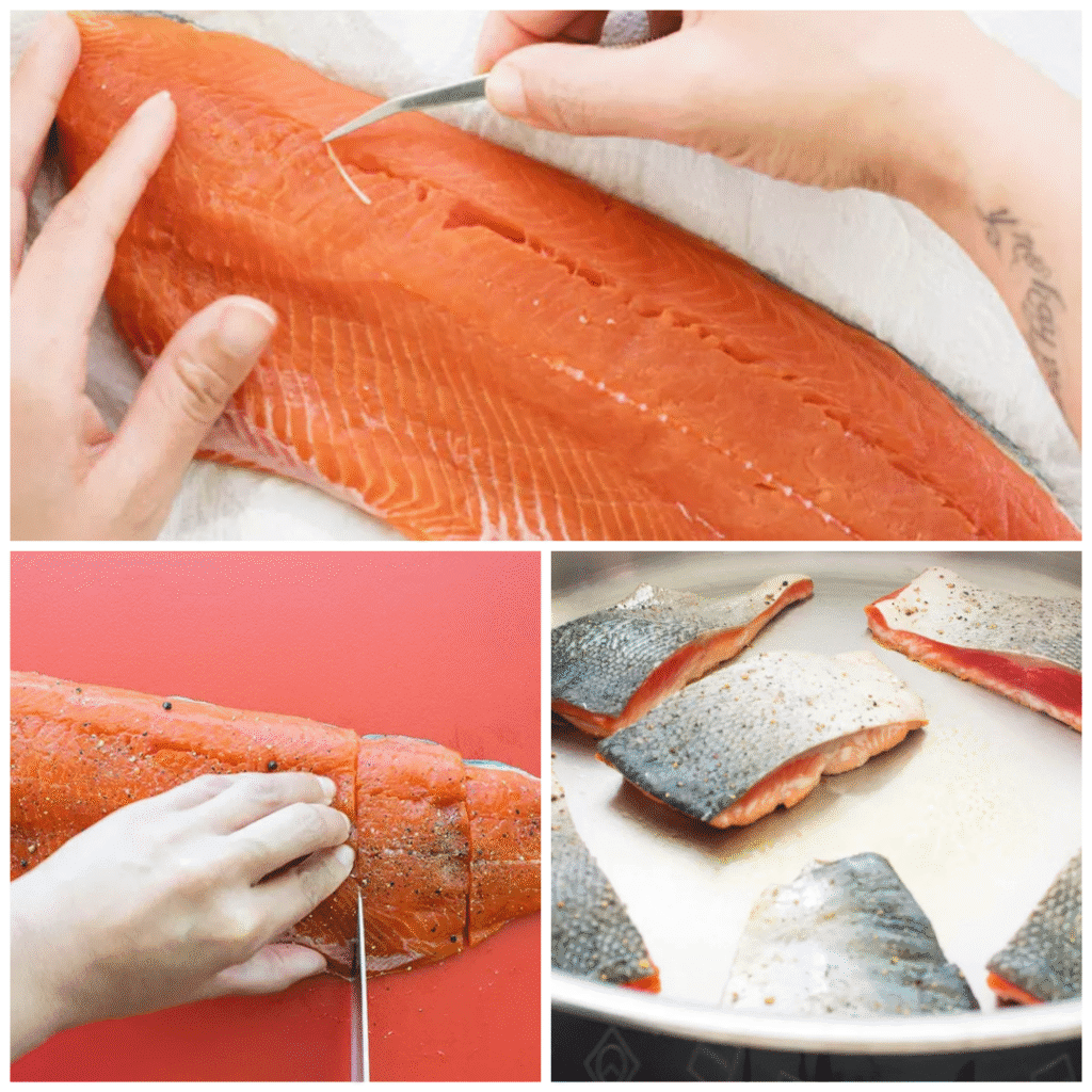 Collage showing hands removing pin bones from a salmon fillet, slicing the seasoned fillet into portions, and skin-on salmon pieces searing in a skillet.