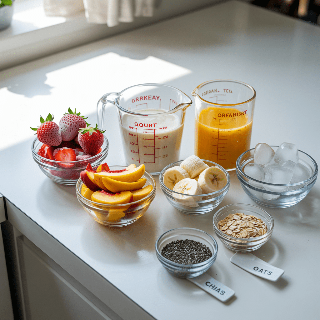 Measured ingredients for Strawberry Peach Smoothie including frozen strawberries, peaches, banana, yogurt, orange juice, and ice