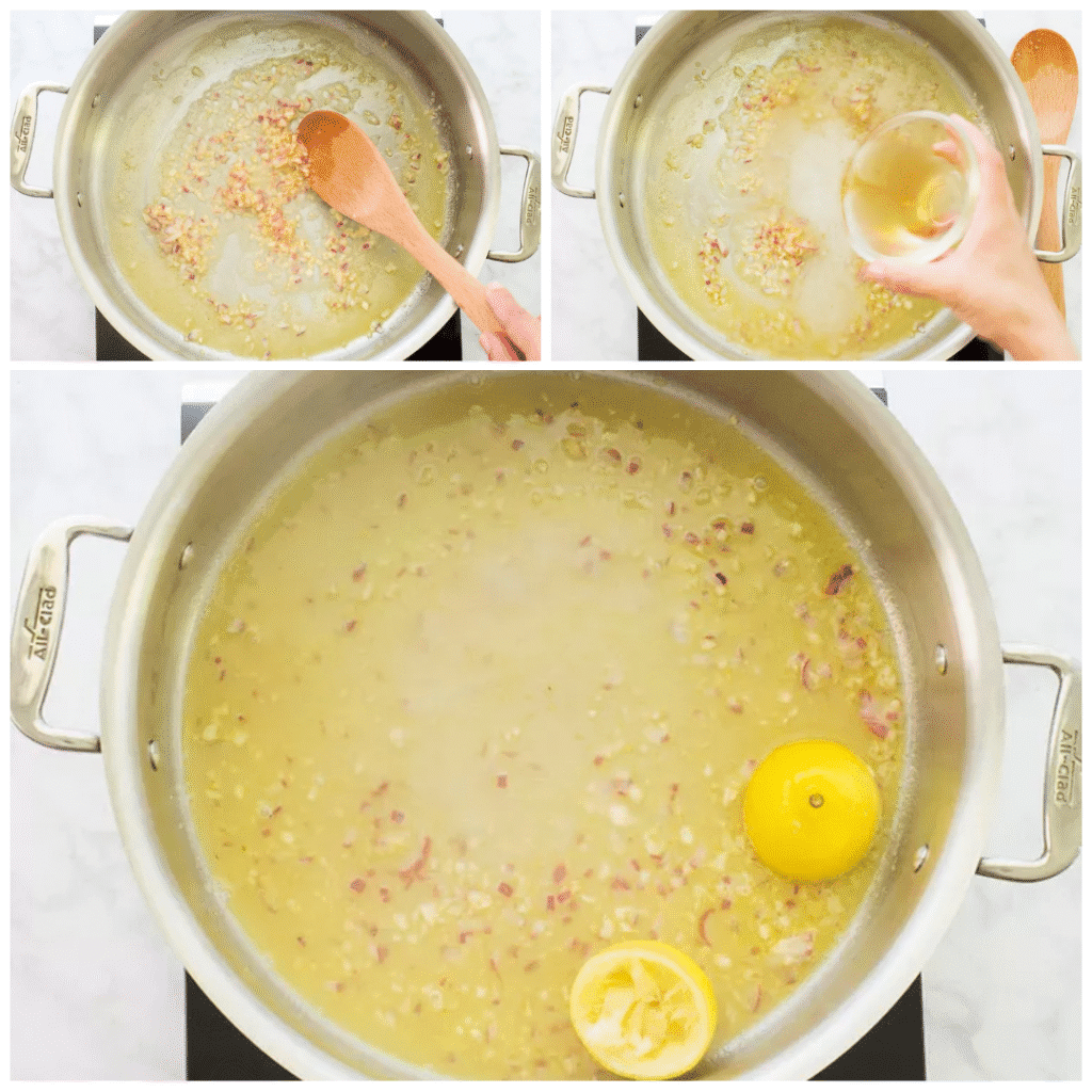 Shallot and garlic sautéing in a pan being deglazed with white wine and lemon juice to start the creamy lemon Parmesan sauce.