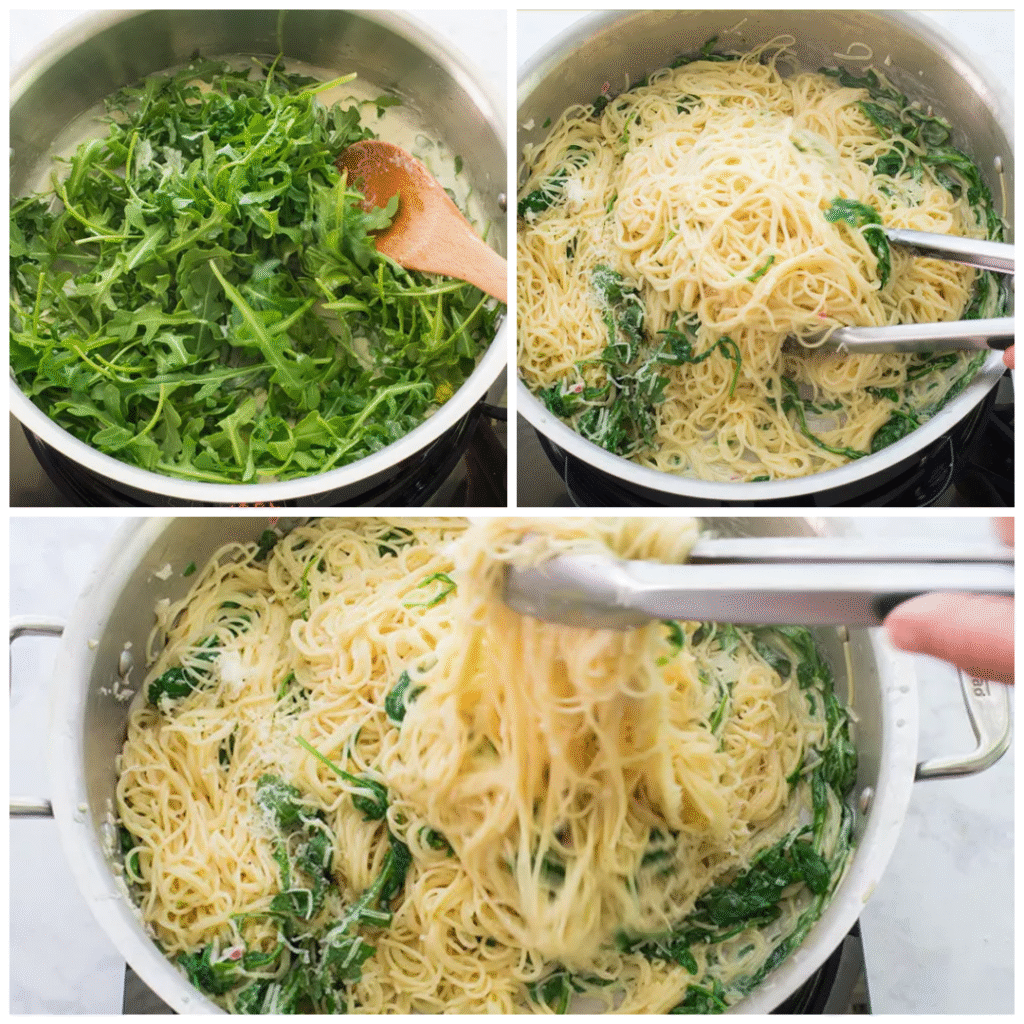 Collage of three images showing arugula wilting in a pot of creamy sauce, cooked angel hair pasta being added and tossed with tongs, and the noodles fully coated in lemon-Parmesan sauce with wilted arugula.