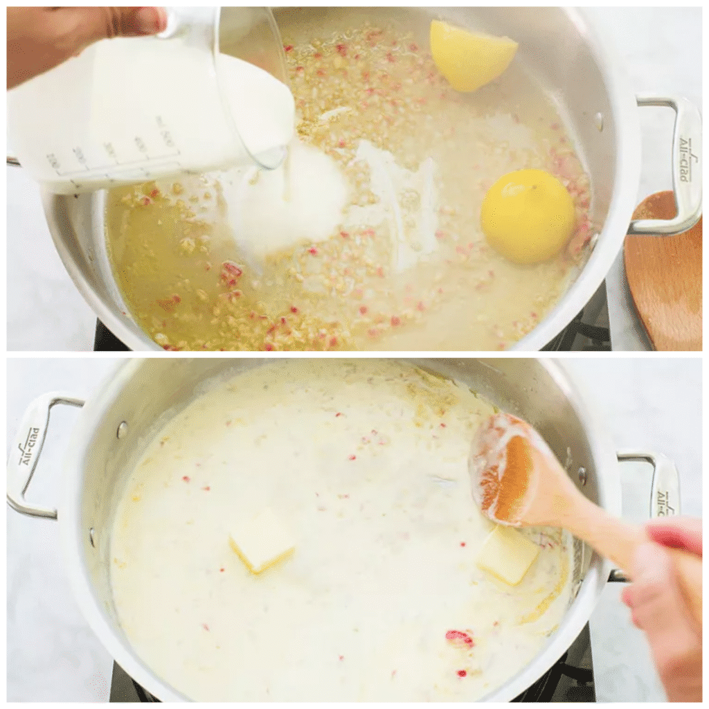 Two images showing cream being poured into a skillet with sautéed garlic, lemon, and red pepper, then the mixture simmering with melting butter to form a silky lemon cream sauce.