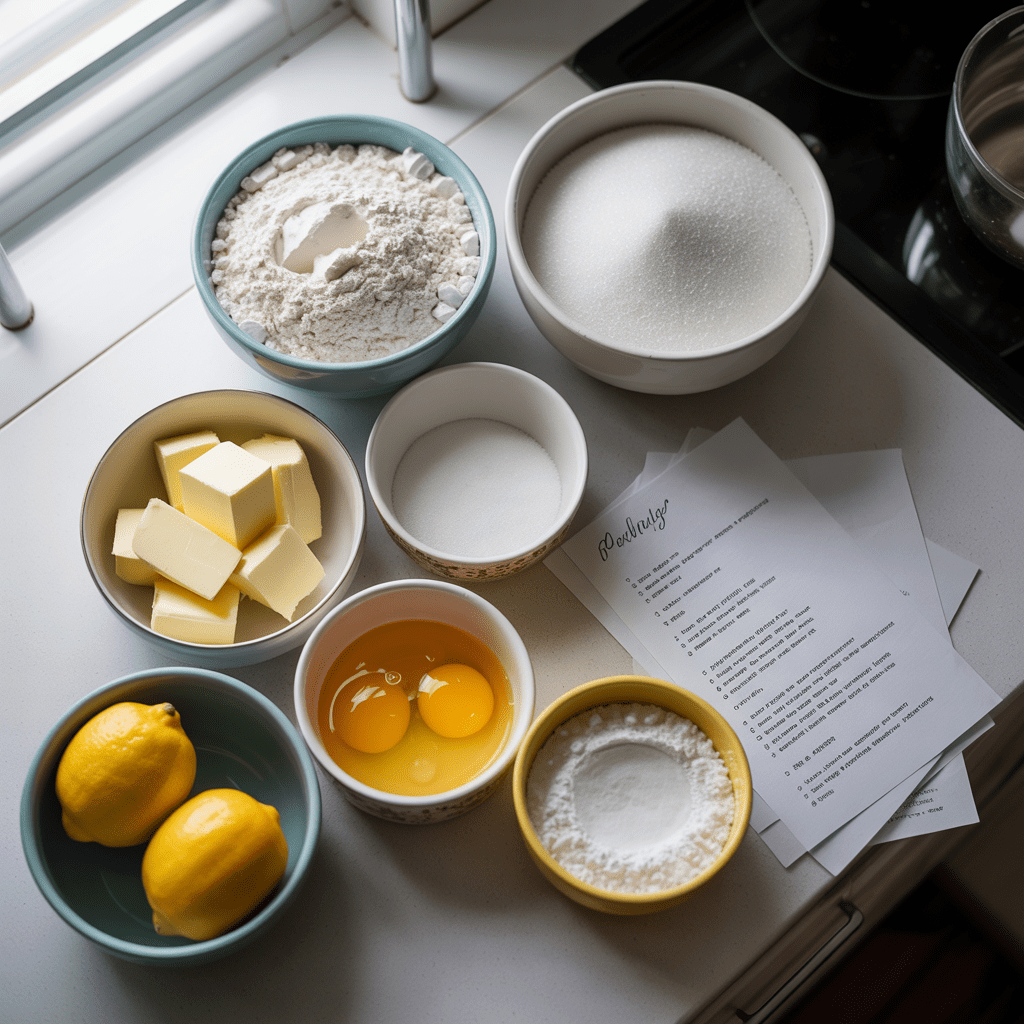 Ingredients for classic lemon bars including flour sugar eggs butter and fresh lemons arranged on counter