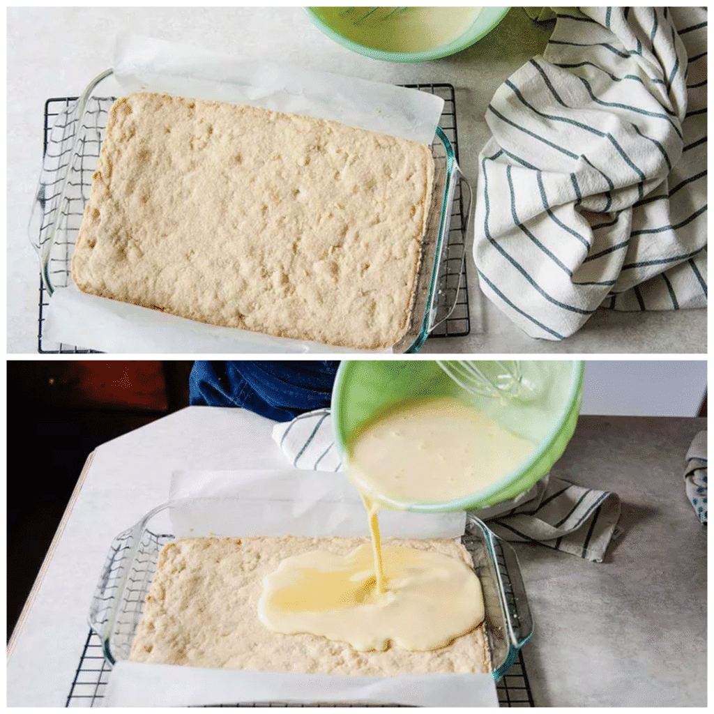 Pouring smooth lemon filling over warm shortbread crust for classic lemon bars