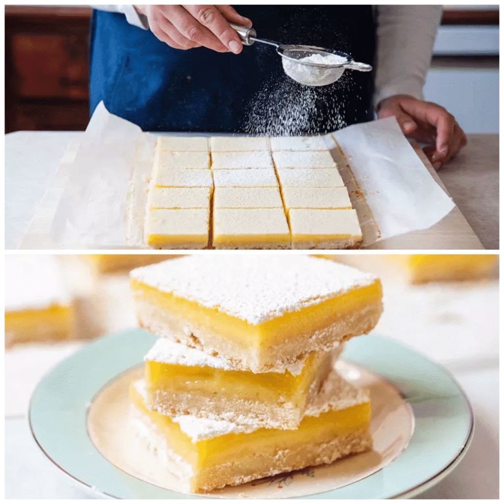 Dusting powdered sugar over classic lemon bars before serving