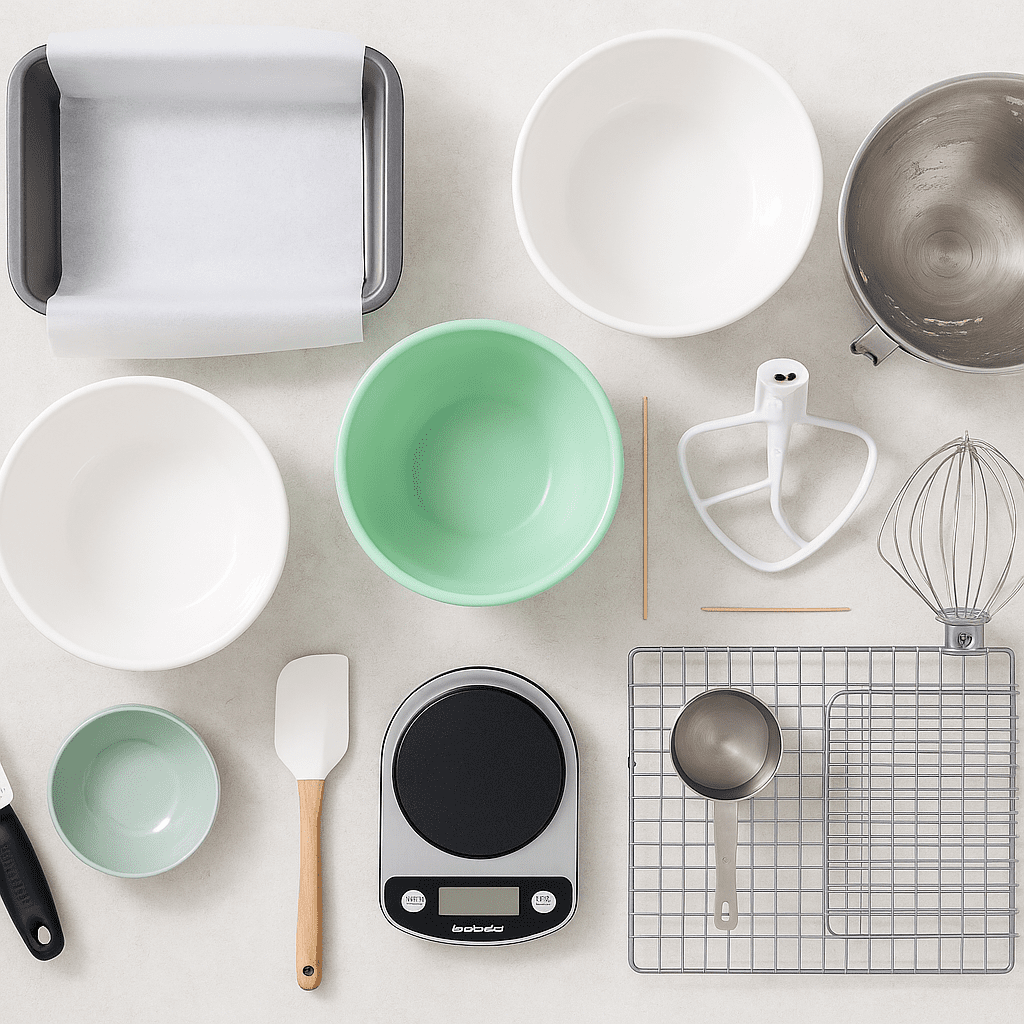 Baking tools for lemon pound cake arranged on a counter including loaf pan parchment mixer bowls and microplane zester