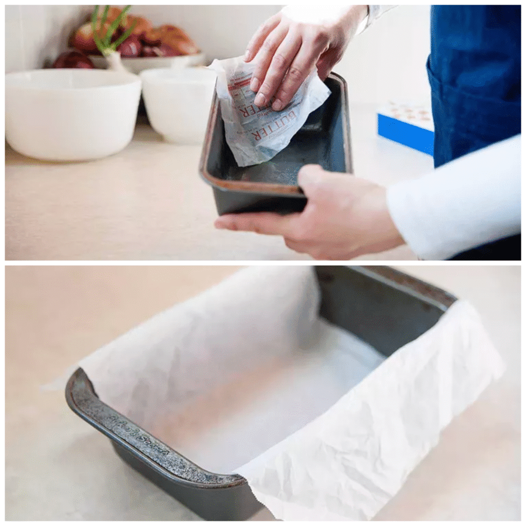 Hands pressing a parchment paper sling into a greased loaf pan to prepare for lemon pound cake batter