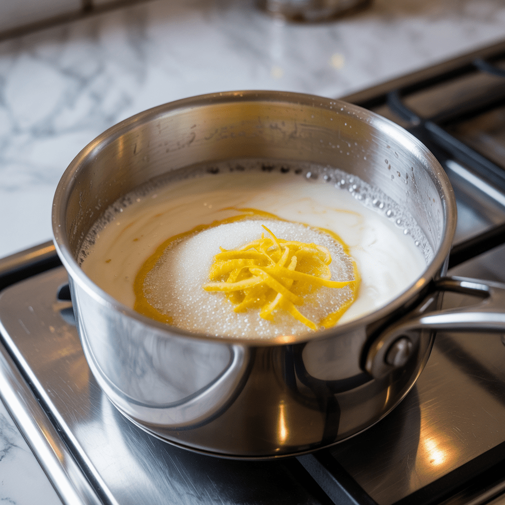 Saucepan of cream sugar and lemon zest gently simmering for easy lemon pudding