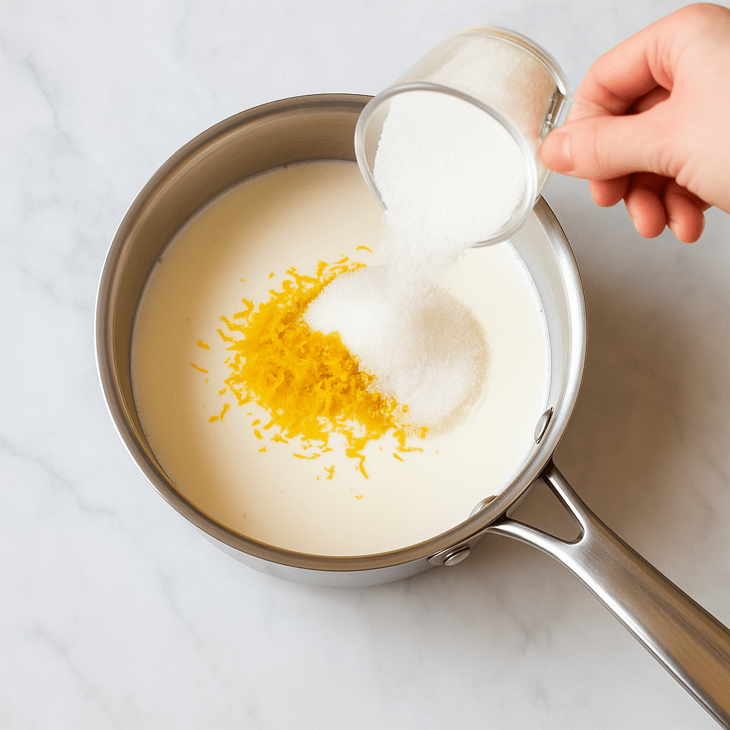 Heavy cream sugar and lemon zest measured into a saucepan for easy lemon pudding