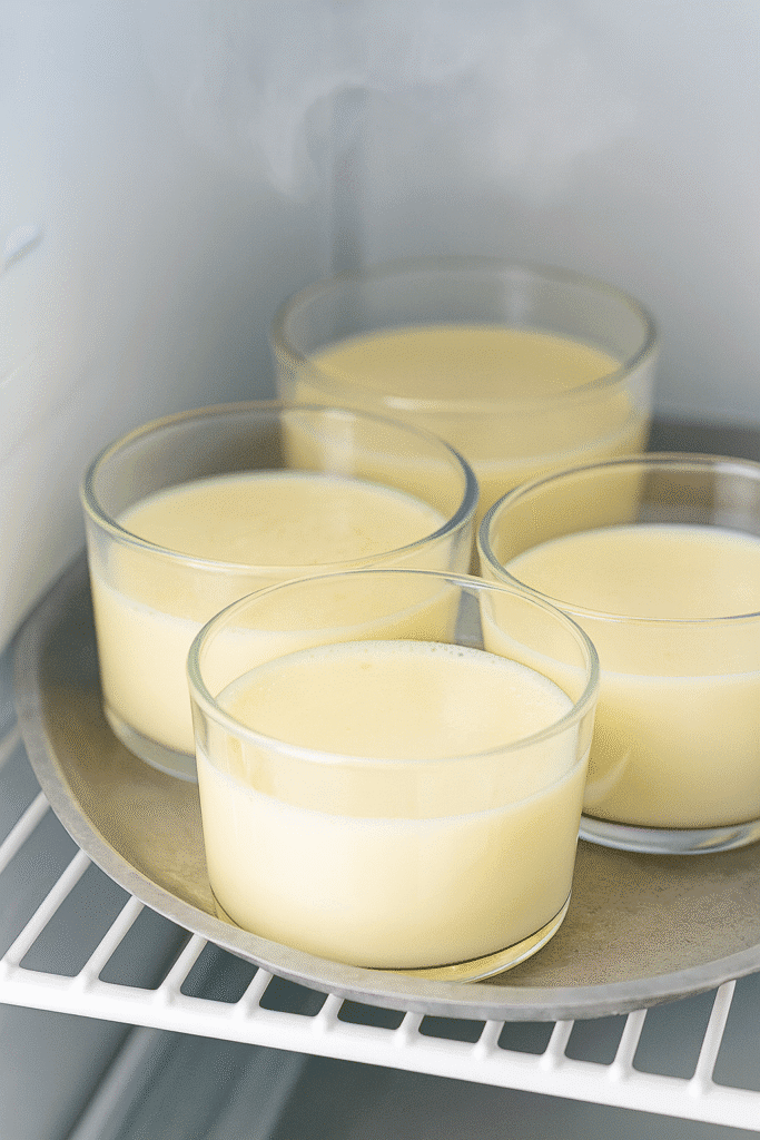 Easy lemon pudding cups chilling on a refrigerator shelf until they are softly set