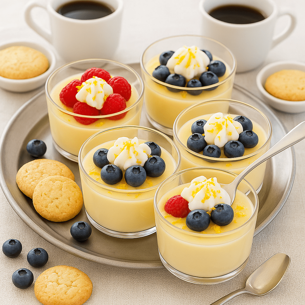 Easy lemon pudding cups on a tray with berries and cookies for a simple make ahead dessert