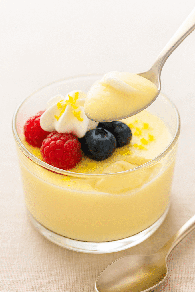 Spoonful of creamy easy lemon pudding lifted from a glass dessert cup