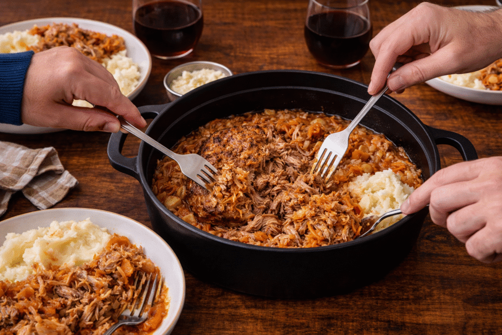 Family serving braised pork roast and sauerkraut from a Dutch oven at the table for New Year dinner