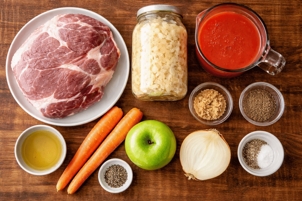 Raw ingredients for braised pork roast and sauerkraut including pork shoulder sauerkraut tomato juice carrot and apple
