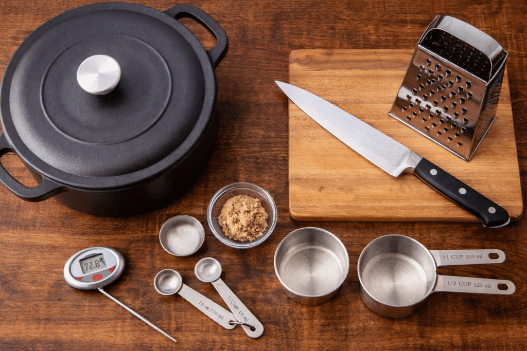 Dutch oven meat thermometer and basic kitchen tools needed for braised pork roast and sauerkraut