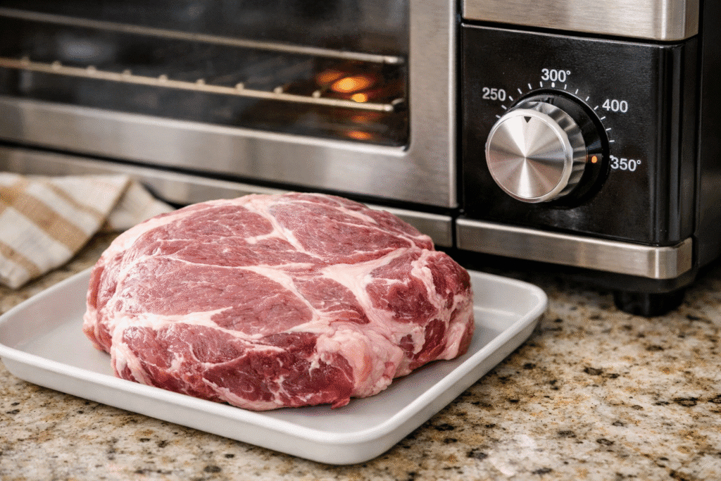 Pork shoulder roast resting on a tray while the oven preheats for braising