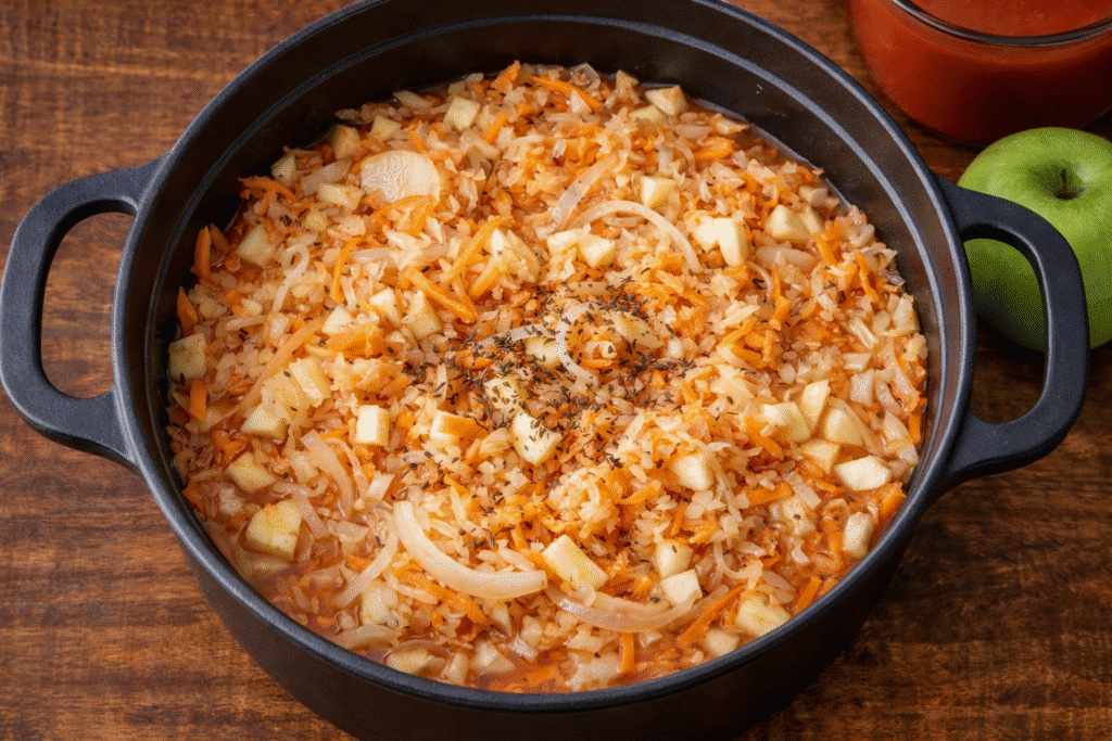 Sauerkraut mixture with carrot apple onion and spices in a Dutch oven ready for the pork roast