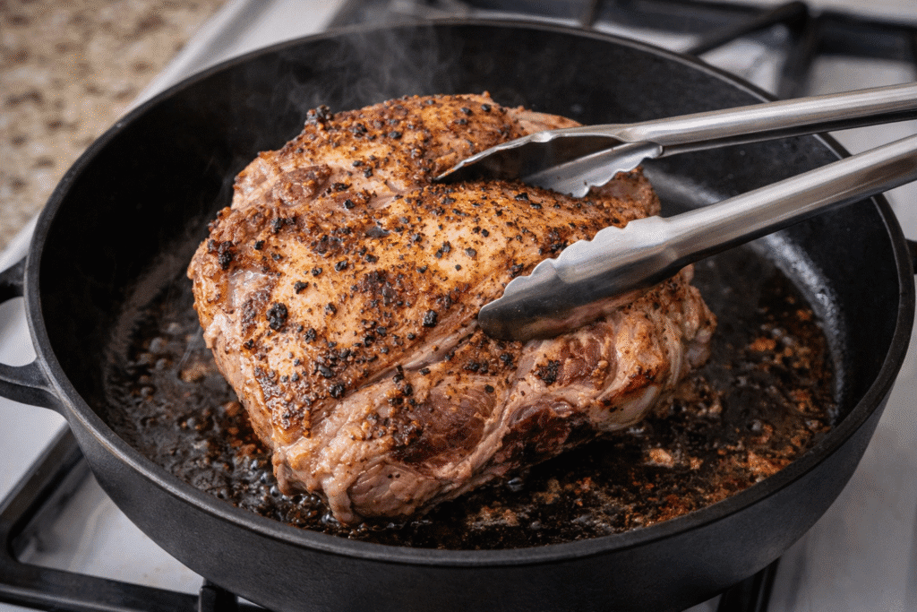Pork shoulder roast browning in a skillet to deepen flavor before braising with sauerkraut