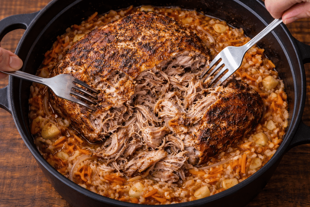 Cooked pork shoulder shredding easily into sauerkraut after resting in the Dutch oven