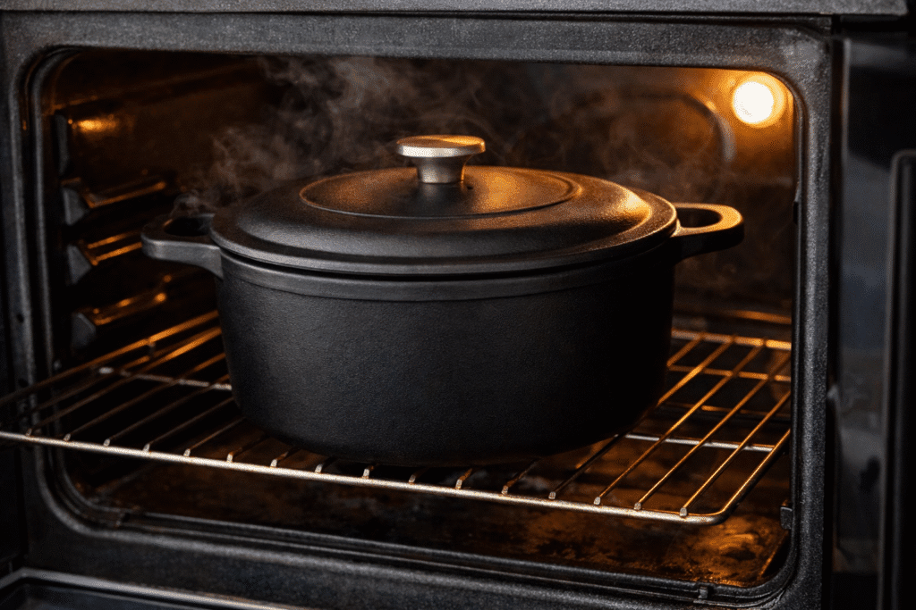 Covered Dutch oven with pork and sauerkraut braising on the oven rack