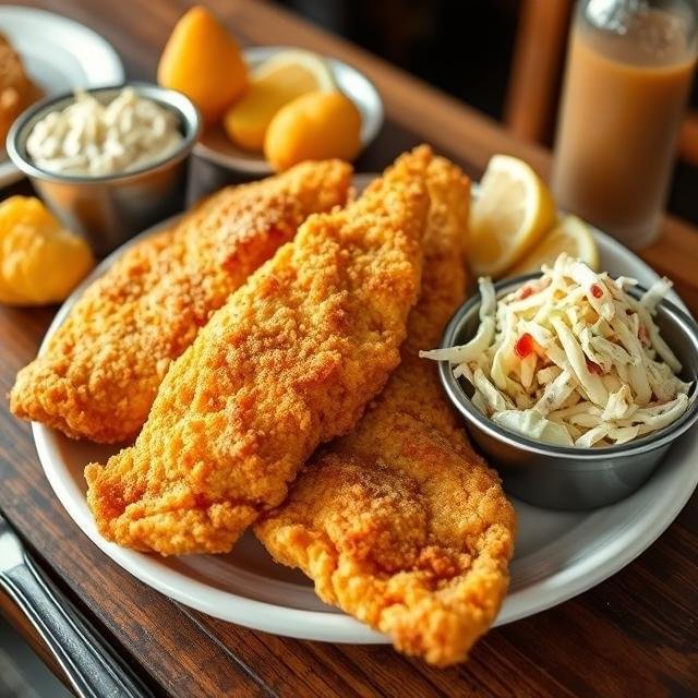 Fried fish with coleslaw and lemon