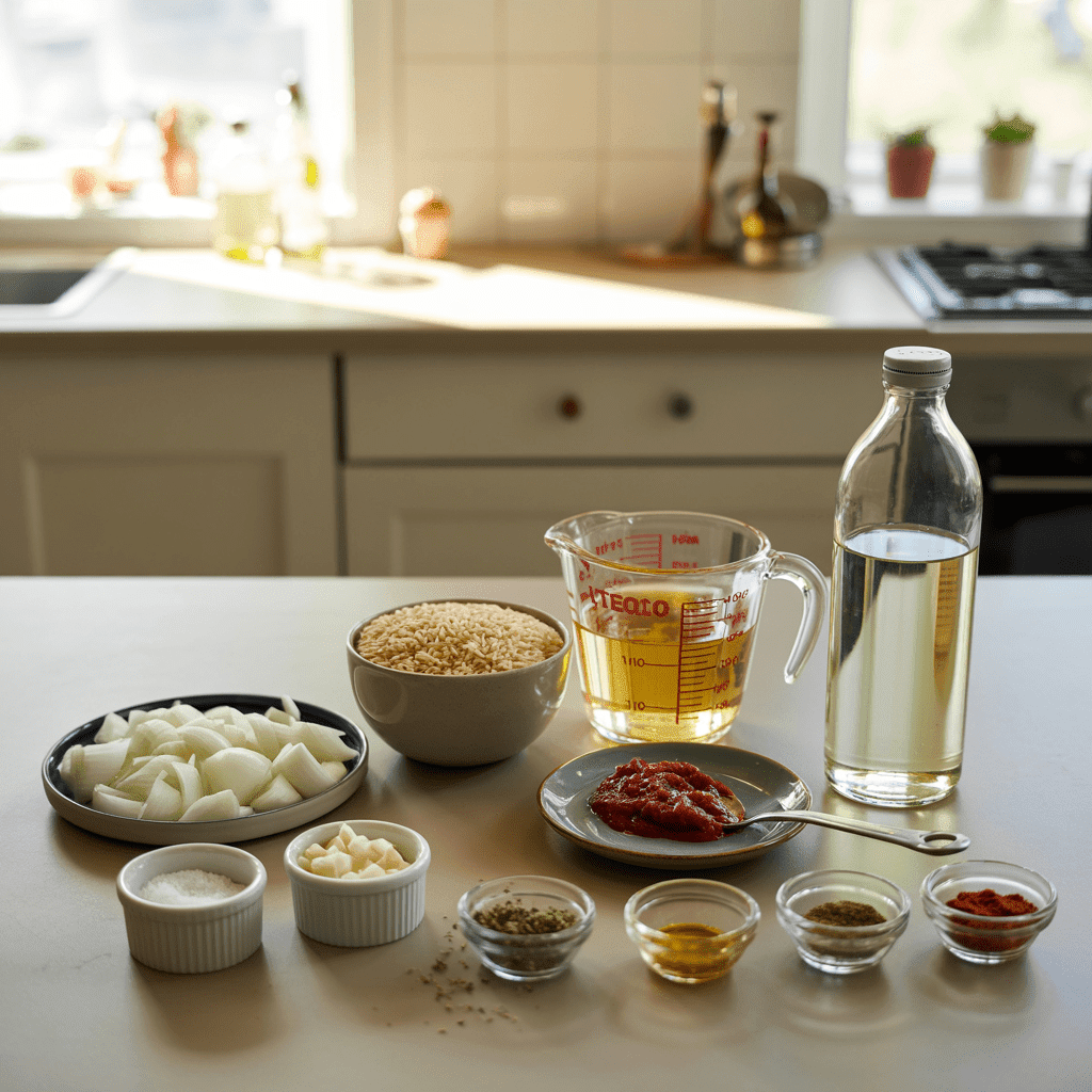 Measured ingredients for Spanish rice including long-grain rice, onions, Salt, minced garlic, Stock, tomato paste, vegetable oil, Dried oregano  and spices on a kitchen counter.”