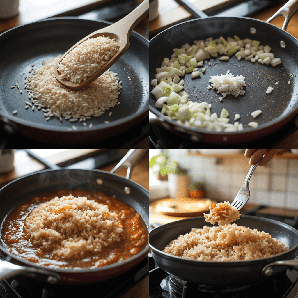 Cooking process collage — toasting rice, adding onions and garlic, simmering with tomato broth, and fluffing final rice