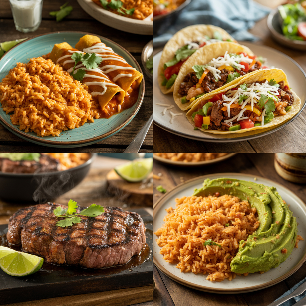Spanish rice served alongside enchiladas, tacos, and grilled steak with guacamole and beans.”