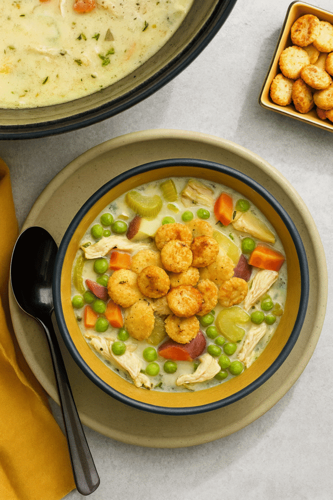 Bowl of creamy chicken pot pie soup with rotisserie chicken, peas, potatoes, and seasoned oyster crackers on a cozy dinner table
