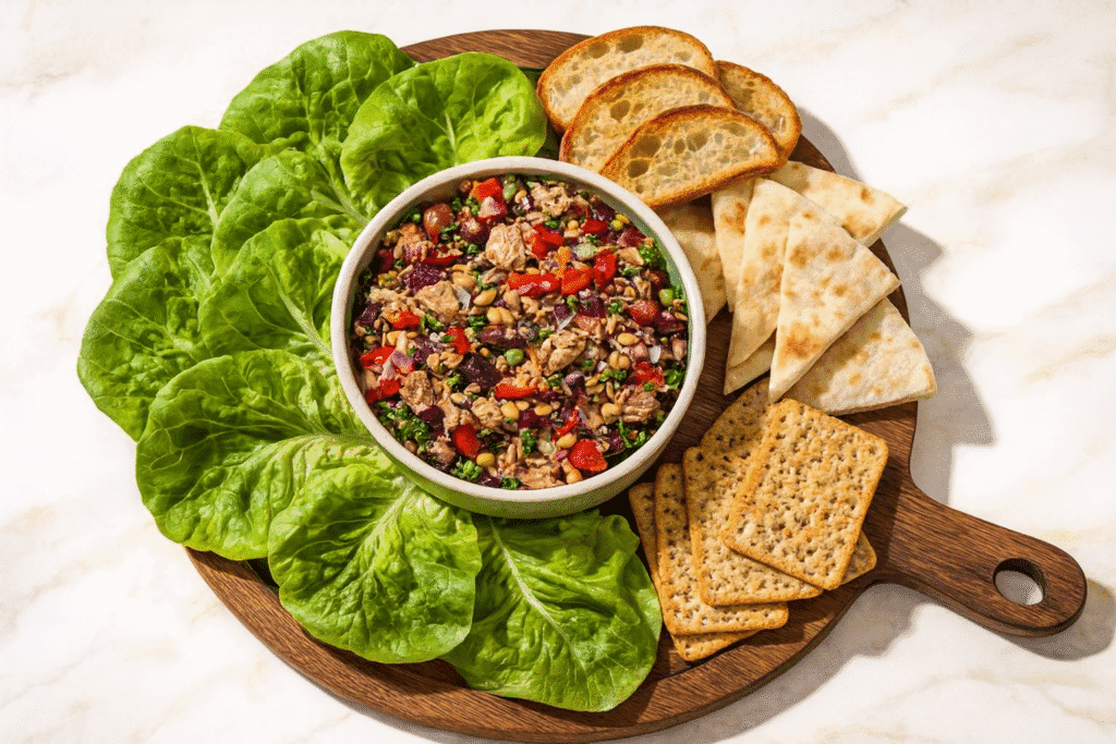 Table set with bowls of Italian tuna salad over greens lemon wedges and crusty bread for a light Mediterranean dinner