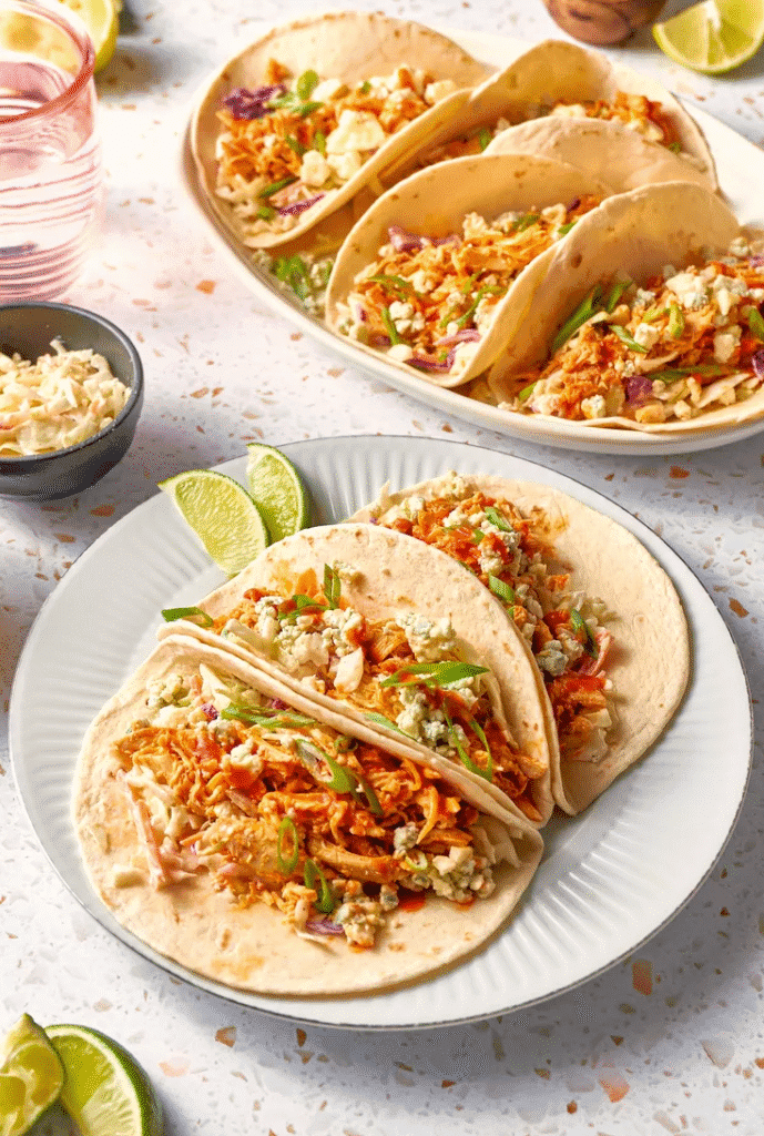 Front plate of three quick Buffalo chicken tacos filled with creamy coleslaw, shredded Buffalo chicken, blue cheese crumbles, and green onions, with more tacos on a serving platter in the background plus lime wedges and a small bowl of slaw on a terrazzo-style table.