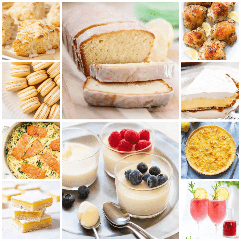 Collage of bright lemon recipes including glazed lemon loaf, lemon bars, tart, creamy lemon desserts, macarons, roasted chicken, pasta, and pink lemon drinks